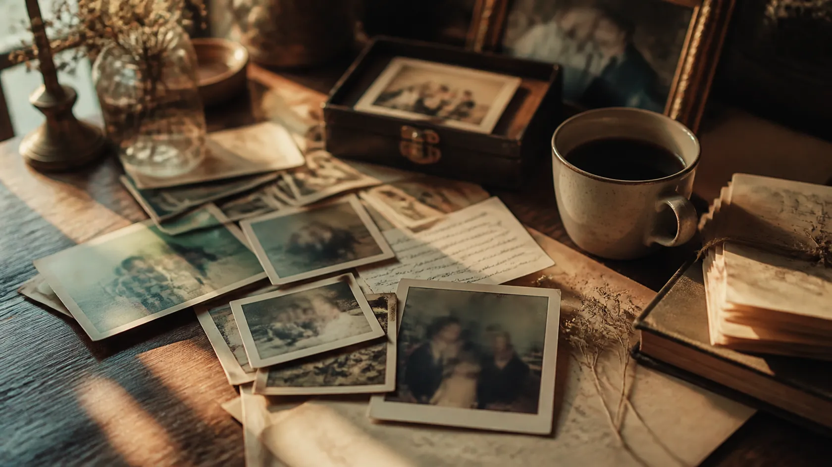 Fotografias antigas de família espalhadas sobre uma mesa de madeira