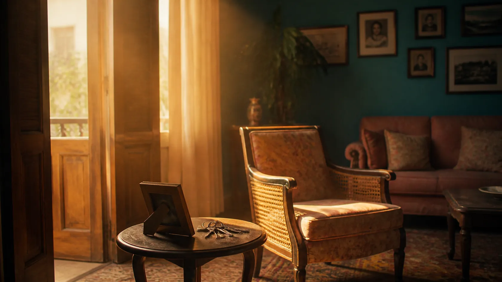 Sala de estar vazia de uma casa de família, iluminada pelo sol do fim da tarde